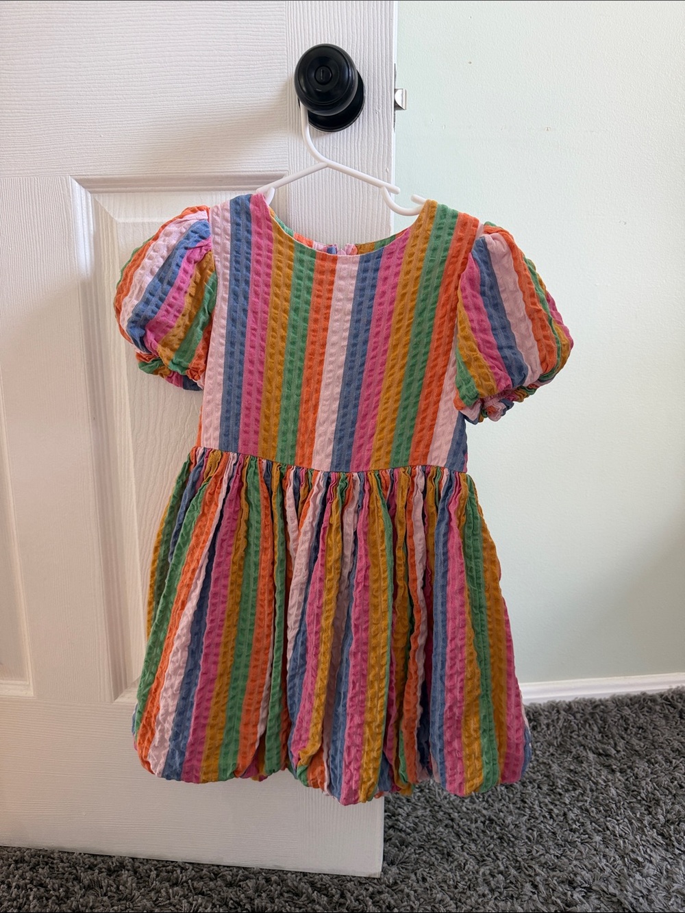 Girls Multicolor Rainbow Stripe Puff-Sleeve Dress